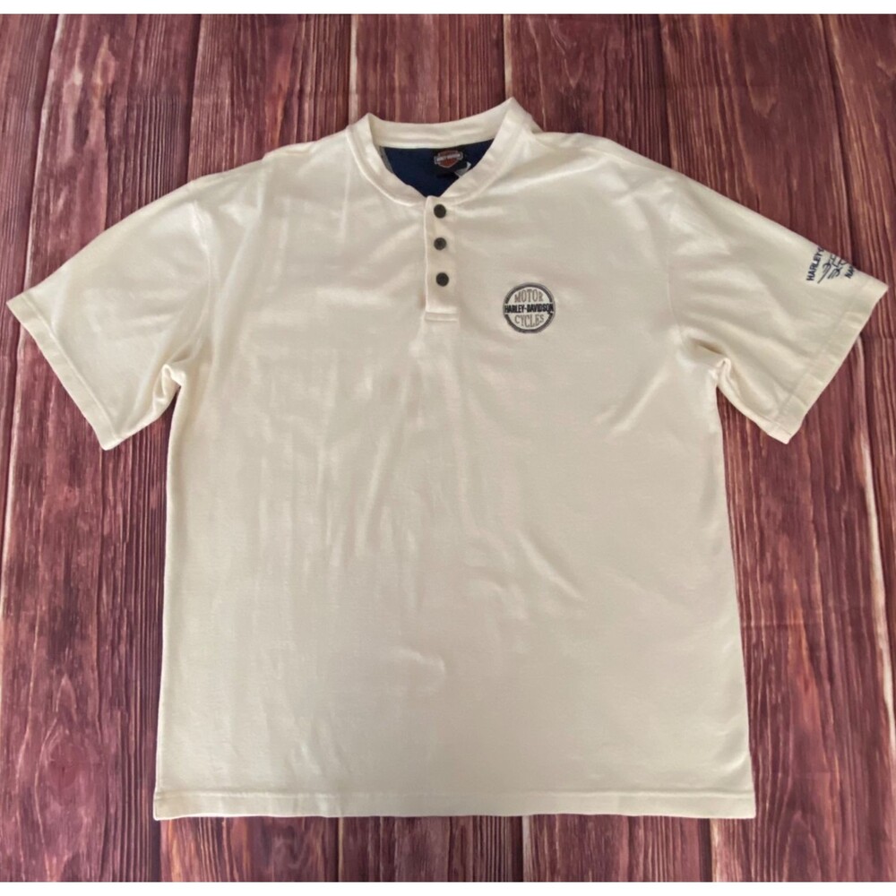 Harley Davidson Naples FL Shirt XL Cream 3 Button Short Sleeve Cotton